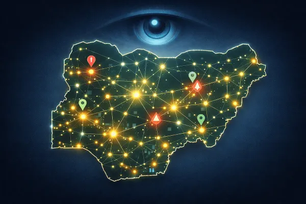 A stylized map of Nigeria with glowing data points across polling units, and a faint “eye” motif to represent the E.I.E watching over Nigeria.
